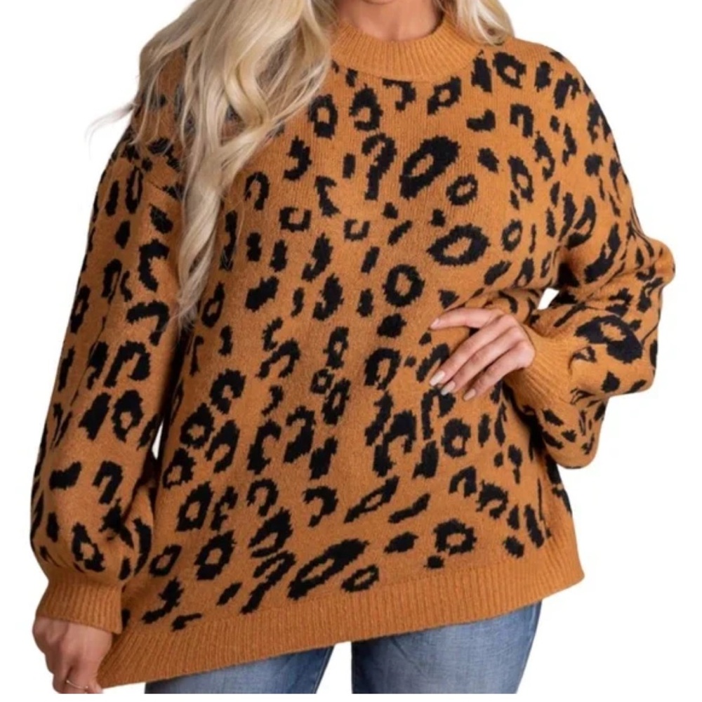 EUC HYFVE Size Medium Rust Orange and Black Crew Neck Leopard Sweater